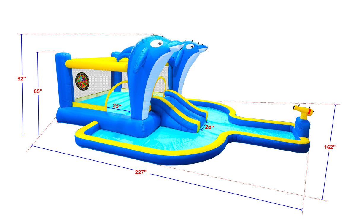 8 in1 Inflatable slide water park trampoline bouncing house outdoor garden with  Dolphin sprinkler & Target games & Water gun & Basketball