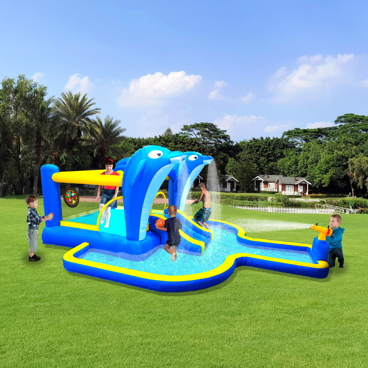 8 in1 Inflatable slide water park trampoline bouncing house outdoor garden with  Dolphin sprinkler & Target games & Water gun & Basketball
