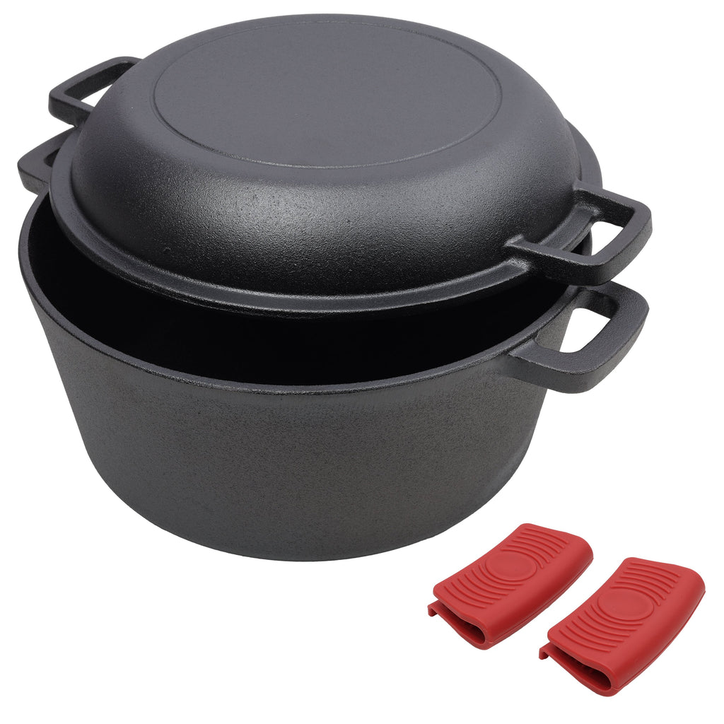 2 in 1 Pre-Seasoned Cast Iron Dutch Oven With Dual Handles, Outdoor Camping Deep Pot for Camping Fireplace Cooking BBQ Baking Campfire, 5 Quart.With 2pcs Silicone Handel Covers.