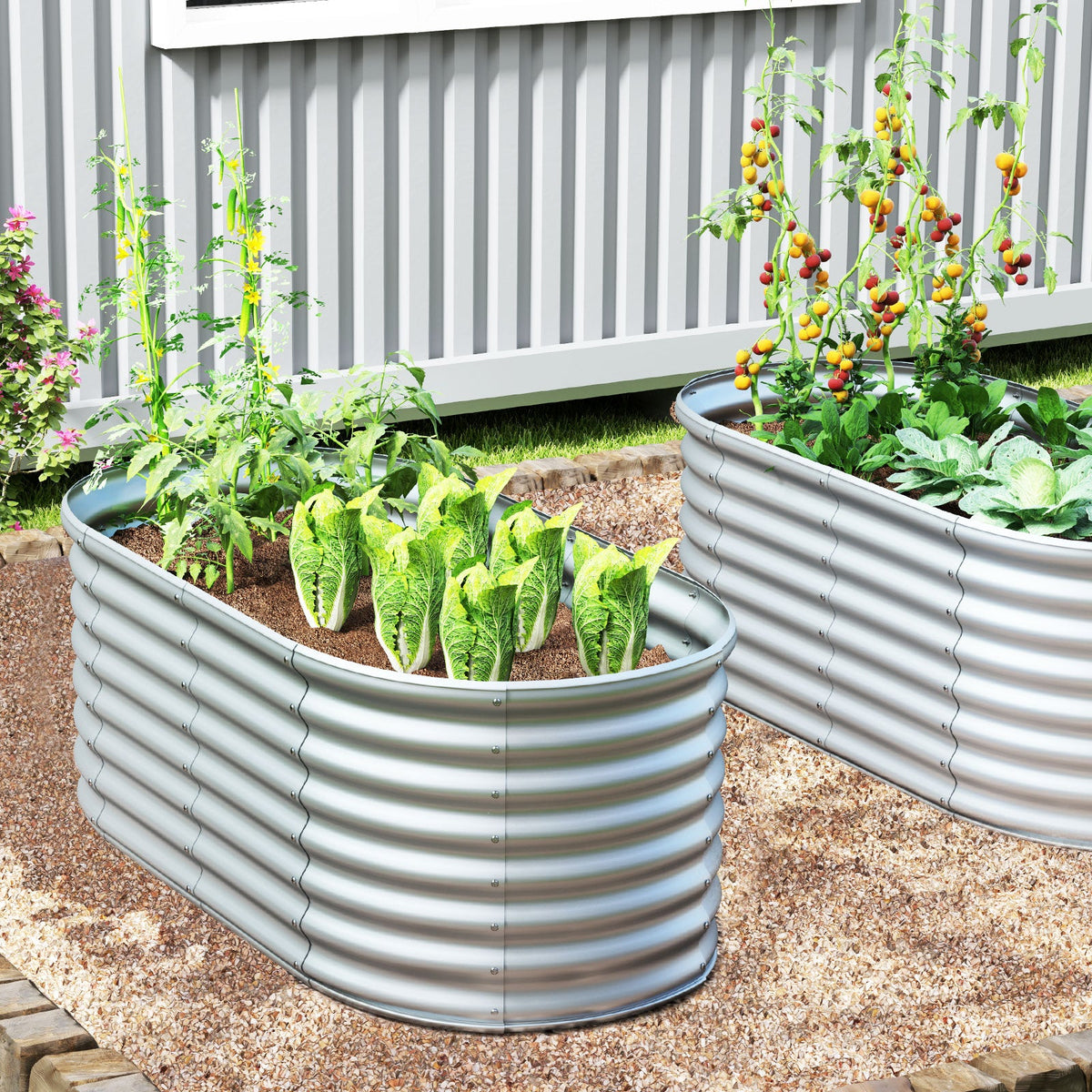 5 x 3 x 2 Feet Metal Oval Raised Garden Bed with Open Bottom Design-Gray