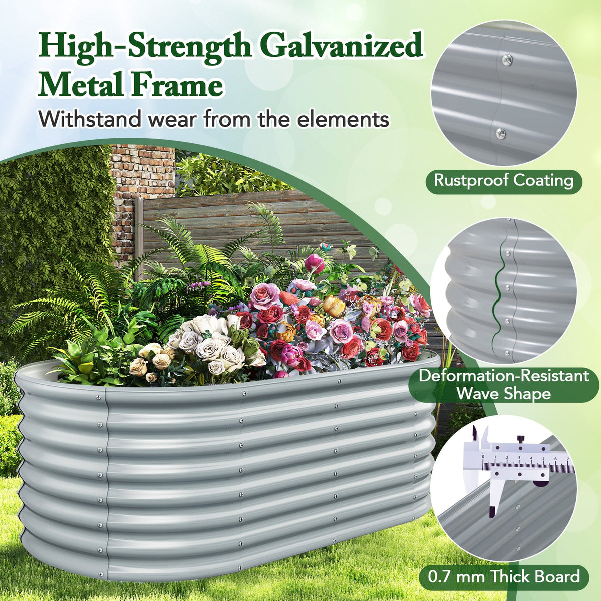 5 x 3 x 2 Feet Metal Oval Raised Garden Bed with Open Bottom Design-Gray