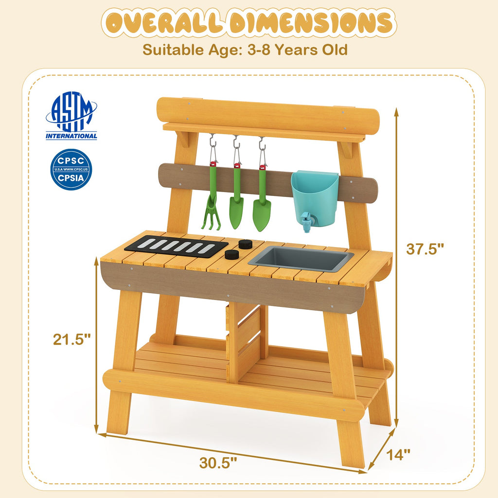 Outdoor Mud Kitchen for Kids Wooden Play Kitchen Toy for Boys Girls Aged 3-8-Yellow