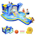 8 in1 Inflatable slide water park trampoline bouncing house outdoor garden with  Dolphin sprinkler & Target games & Water gun & Basketball