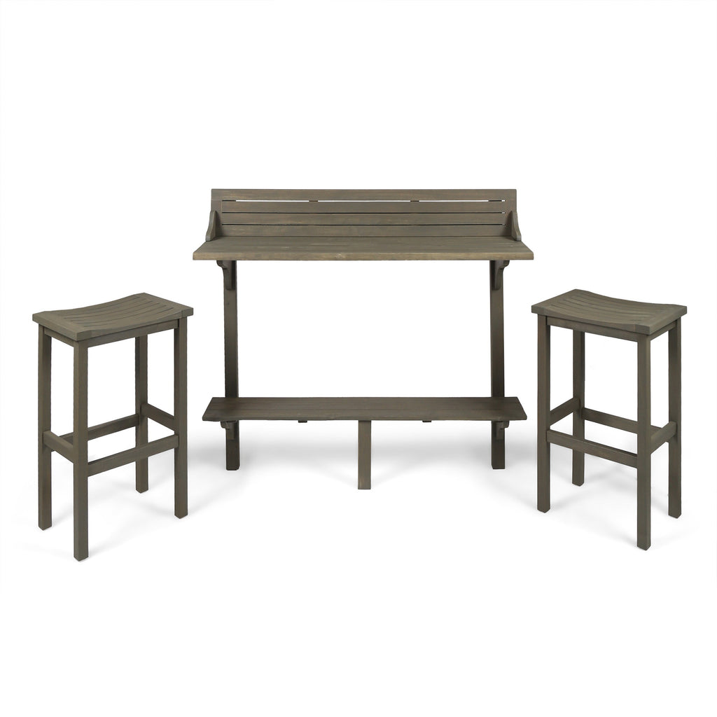 3-Piece Balcony Bar Set with Bottom Shelf Table and 2 Stools, Grey Finish